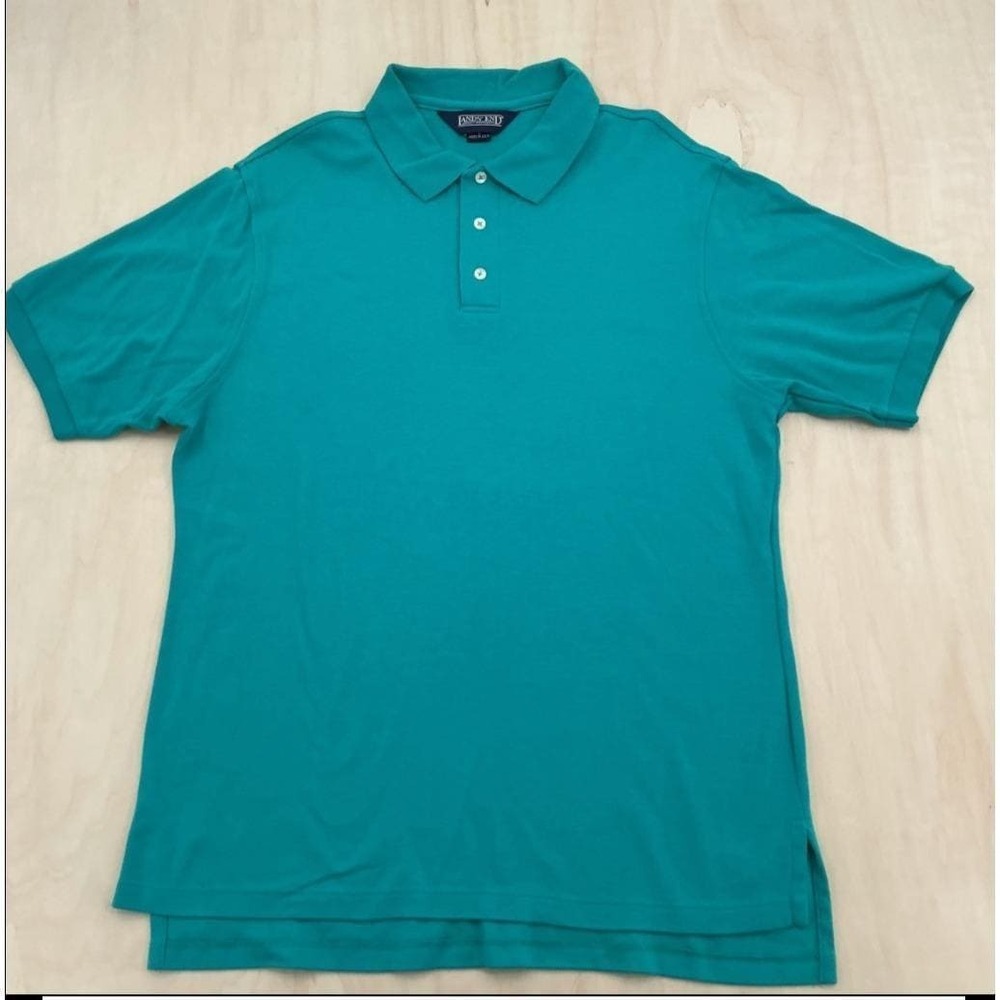 Lands End Polo Shirt Mens L Teal Short Sleeve Solid Made in USA Vintage Preppy